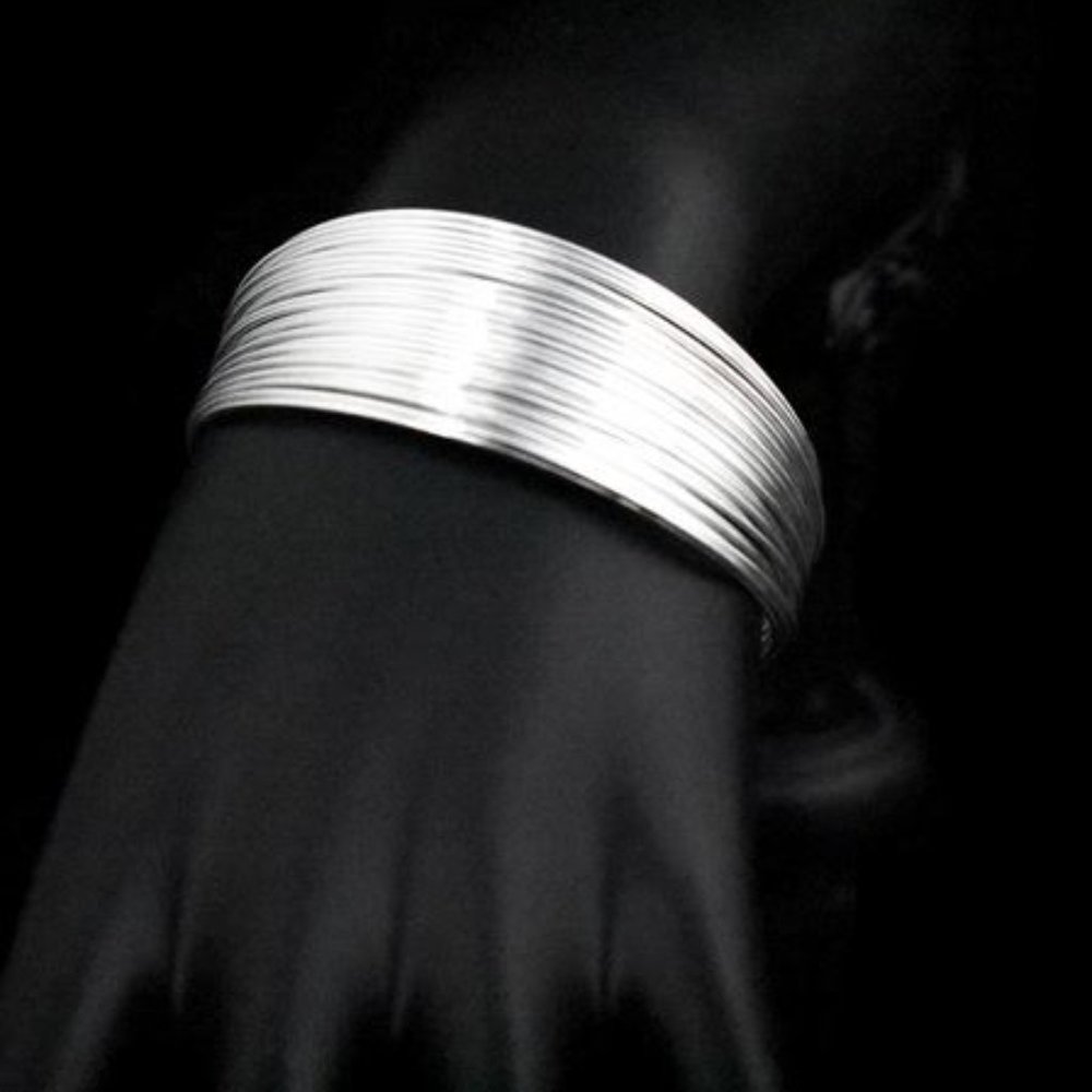 Multi layer strings fringe 925 silver plated ethnic style bangle cuff bracelet
